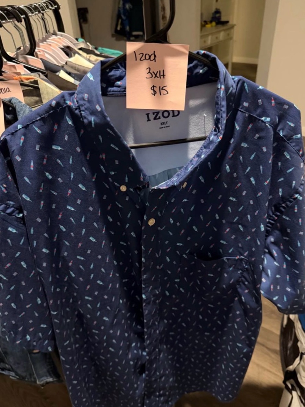 IZOD Navy Short-Sleeve Button-Down Shirt with Small Multi-Color Print
